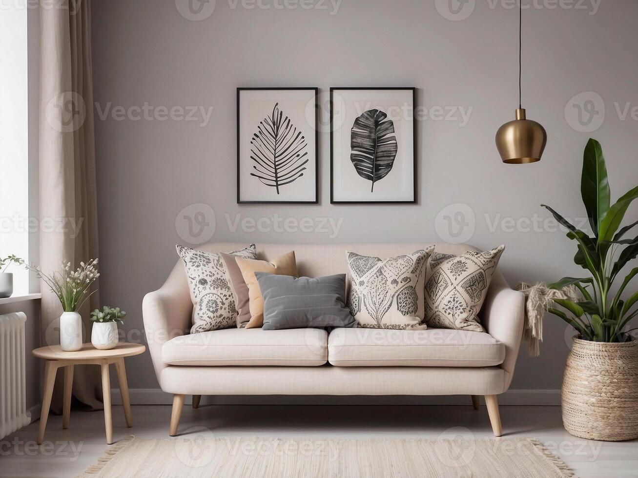 ai generado beige escandinavo sofá con estampado almohadas en elegante vivo habitación interior foto