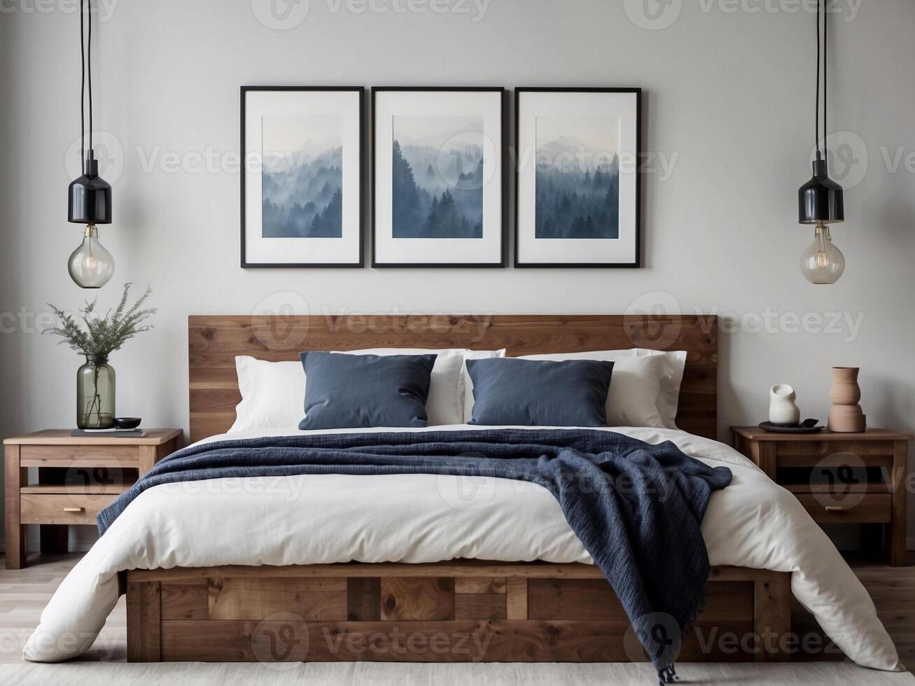 AI generated Rustic wooden bed with blue pillows and two bedside cabinets with posters frames. Farmhouse interior design of modern bedroom. photo