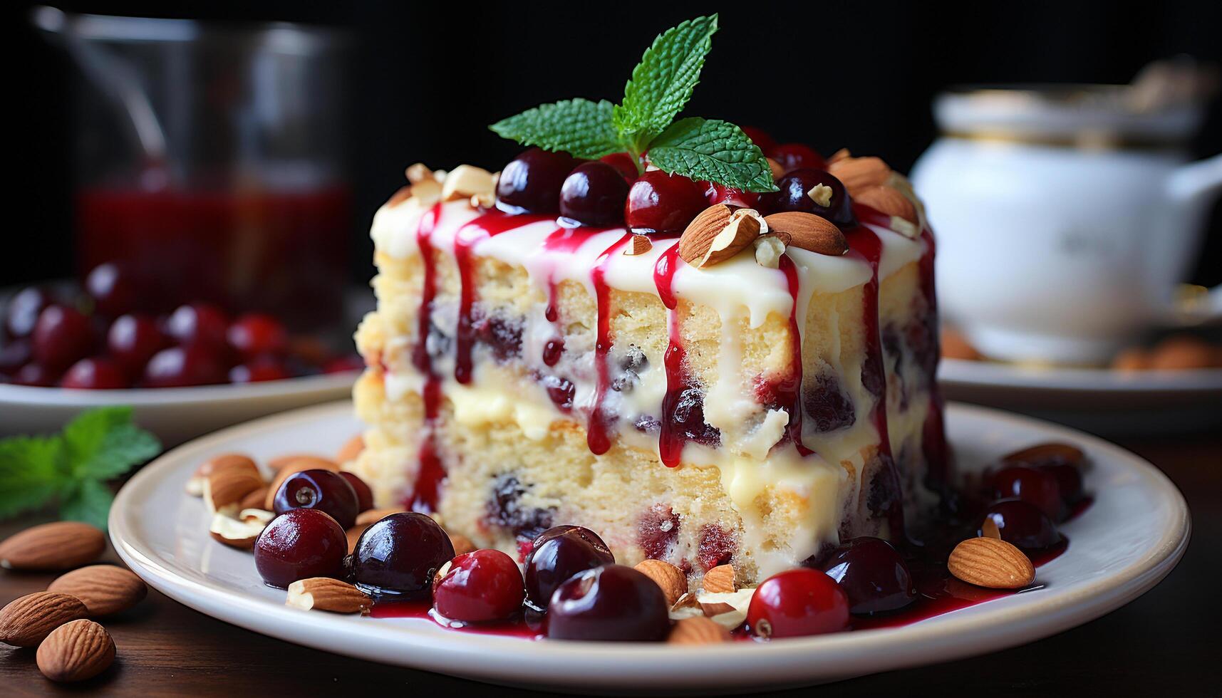 AI generated Gourmet chocolate dessert with fresh fruit and cream generated by AI photo