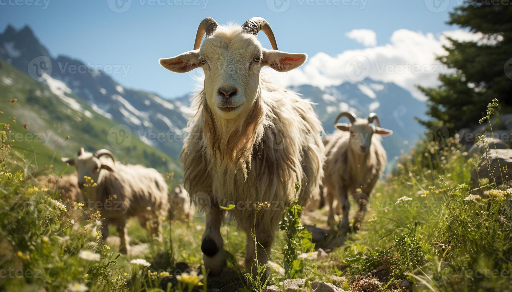 ai generado linda vaca pasto en verde prado, montaña paisaje generado por ai foto