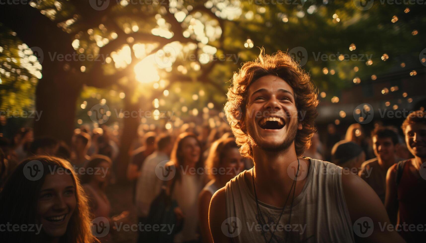 AI generated Smiling men and women enjoy carefree summer party generated by AI photo