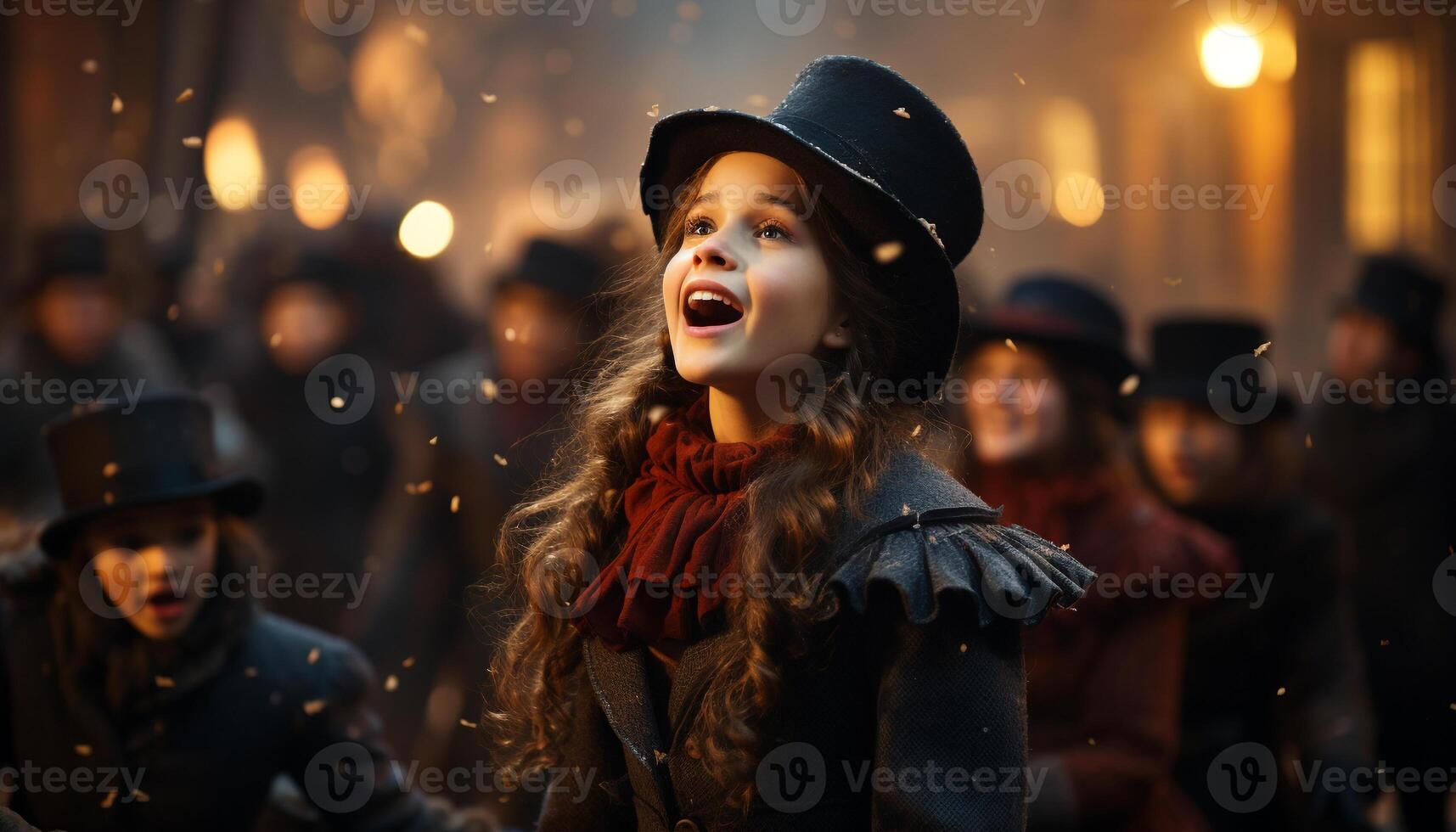 ai generado invierno noche, mujer sonriente, felicidad, alegre, divertido, celebracion generado por ai foto