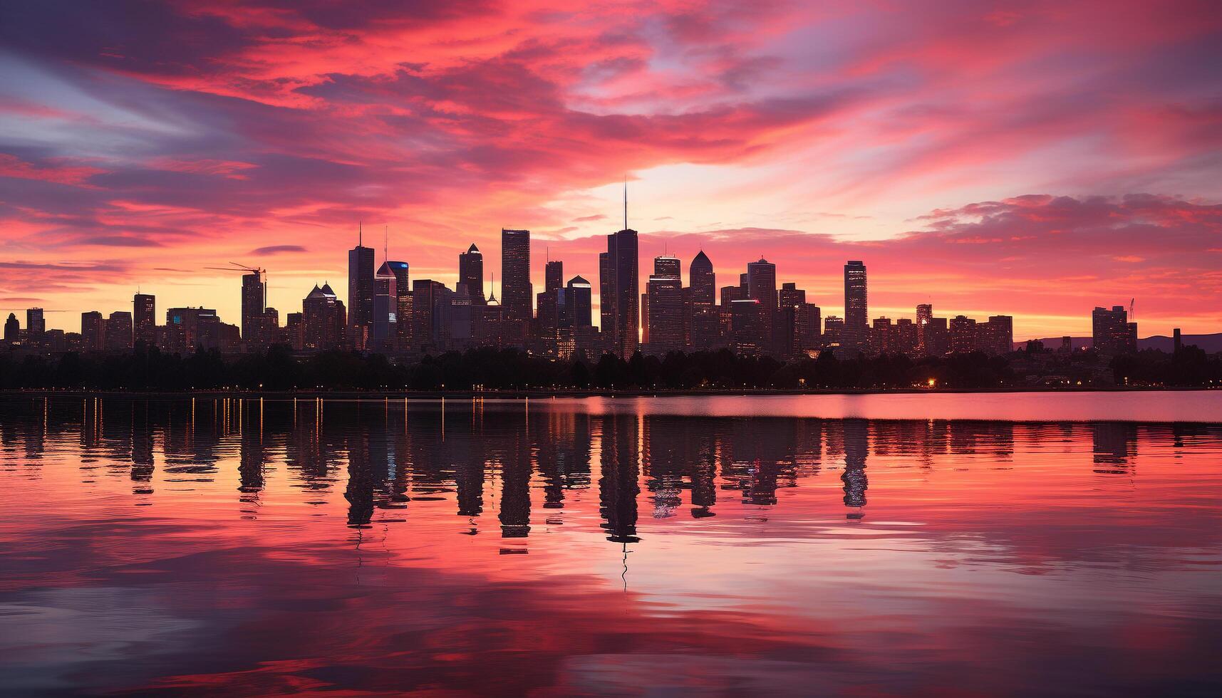 AI generated Silhouette of skyscrapers reflect on tranquil waterfront generated by AI photo