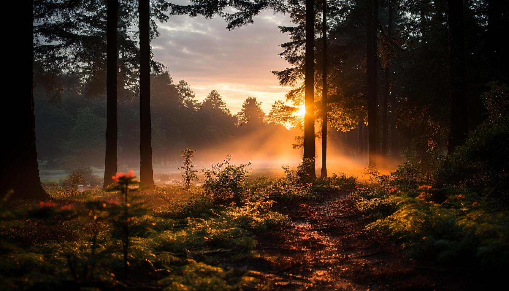 ai generado puesta de sol terminado el bosque, un tranquilo otoño paisaje generado por ai foto