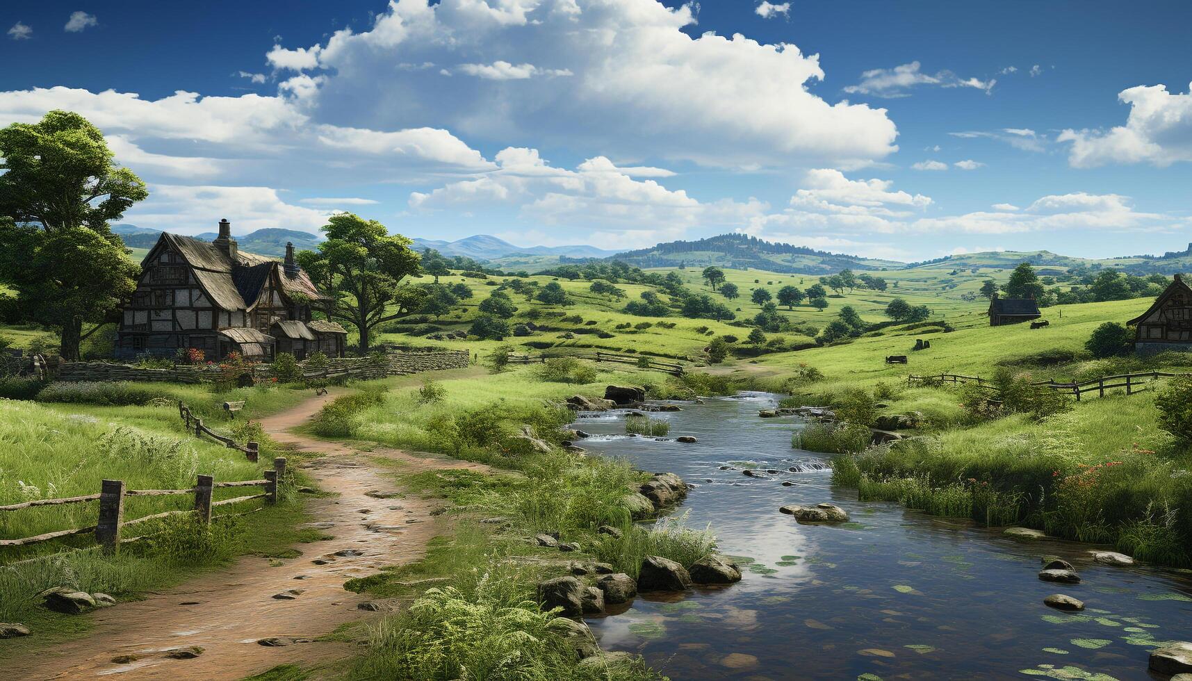 AI generated Idyllic meadow, green grass, blue sky, tranquil scene generated by AI photo