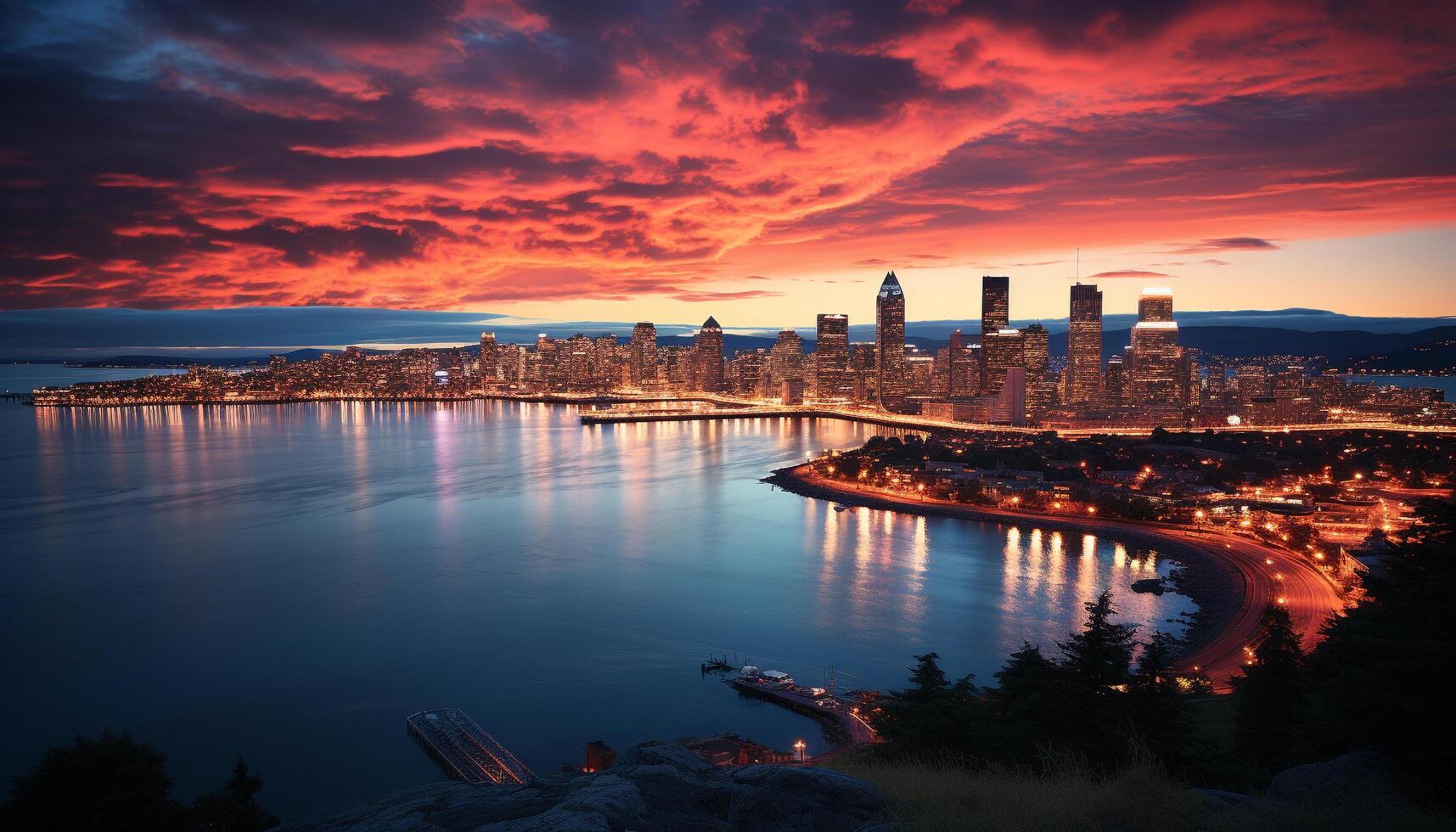 AI generated Cityscape at dusk, skyscrapers reflect in waterfront generated by AI photo