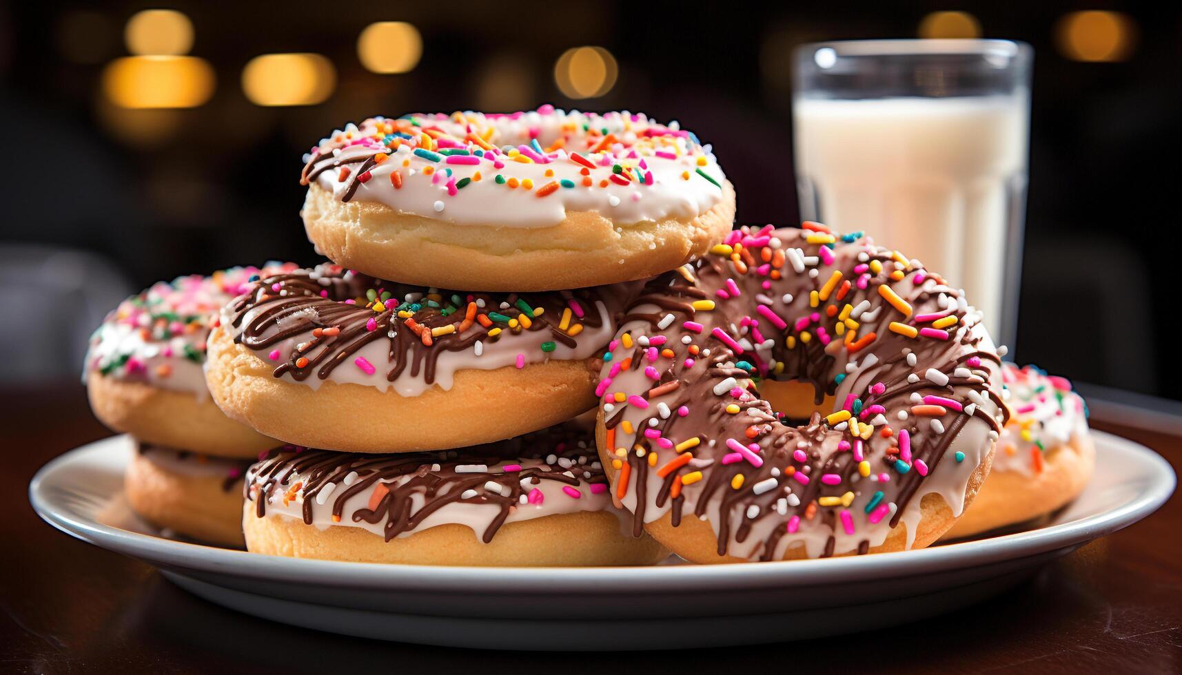 AI generated Multi colored donut on pink plate, temptation indulgence generated by AI photo