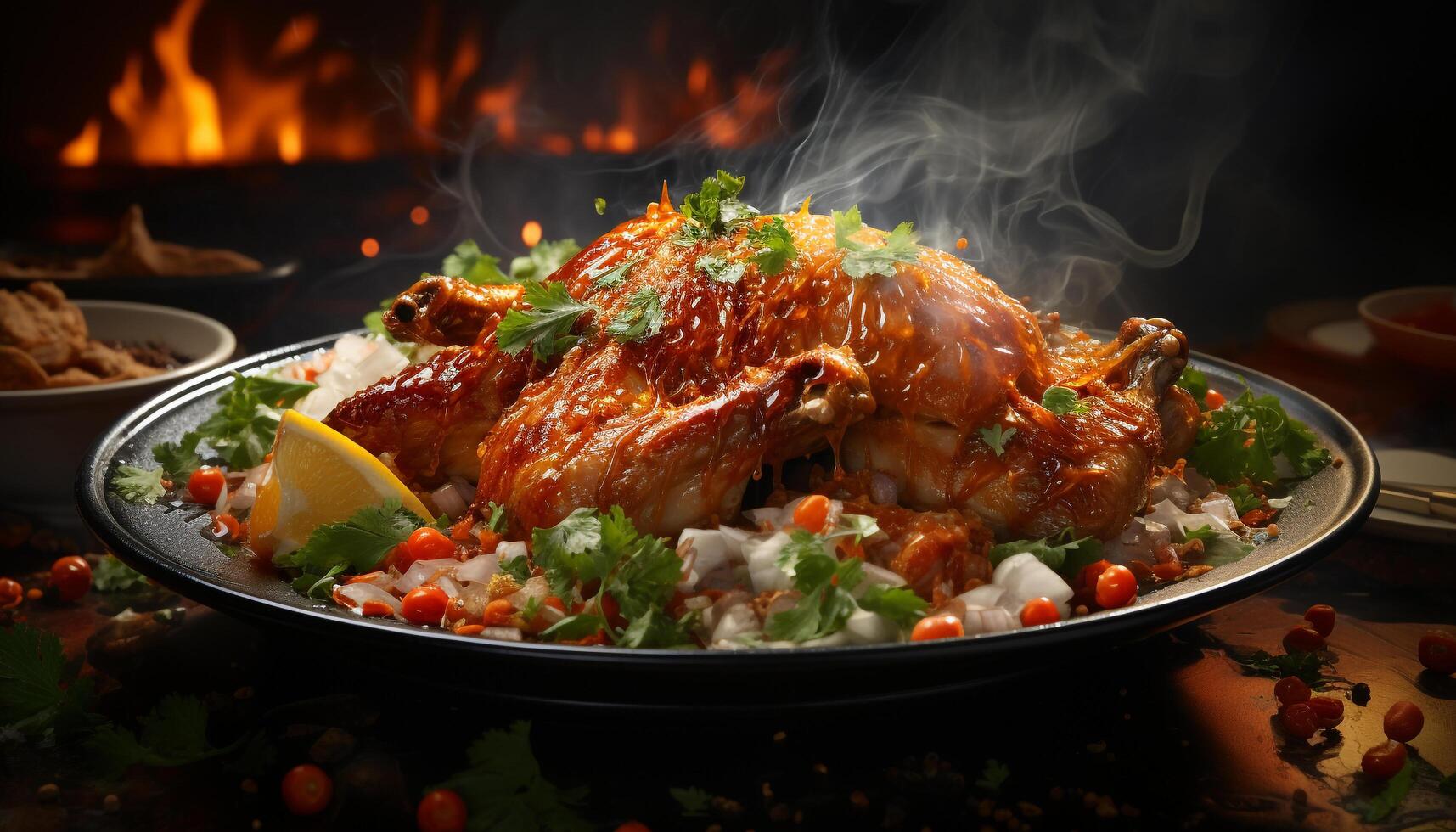 AI generated Grilled chicken leg on a plate, ready to eat generated by AI photo