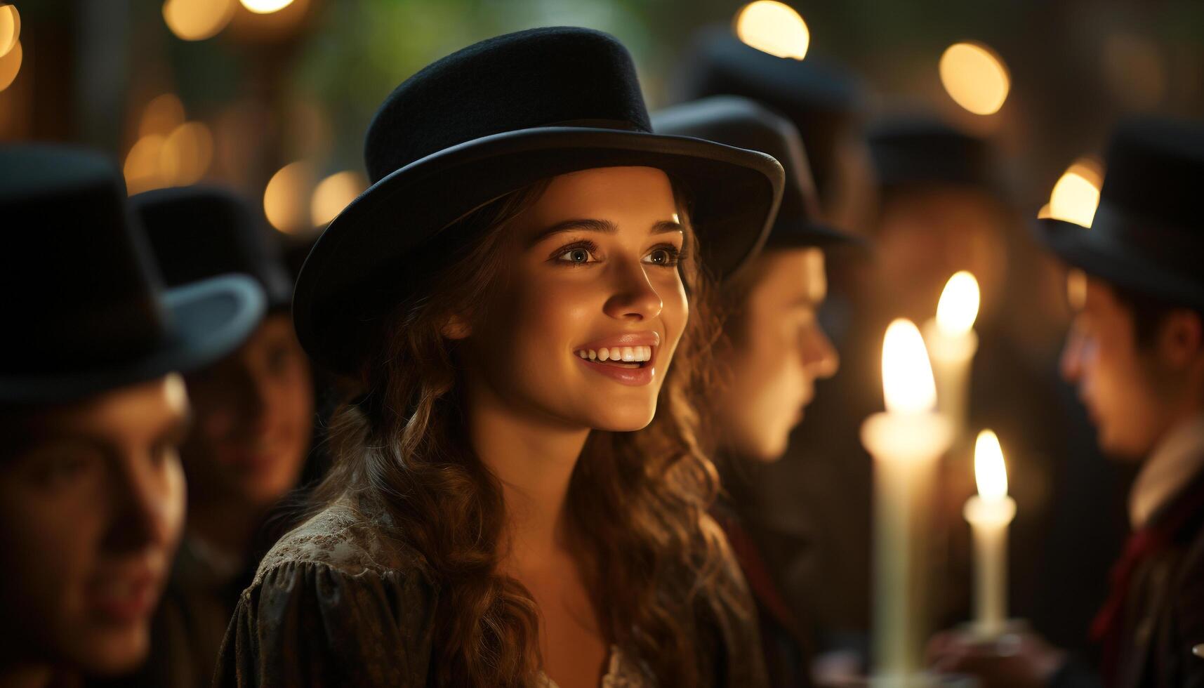 AI generated Young adults smiling, celebrating, illuminated outdoors at night generated by AI photo
