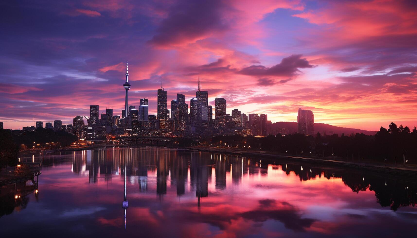 AI generated City skyline reflects in tranquil water at dusk generated by AI photo