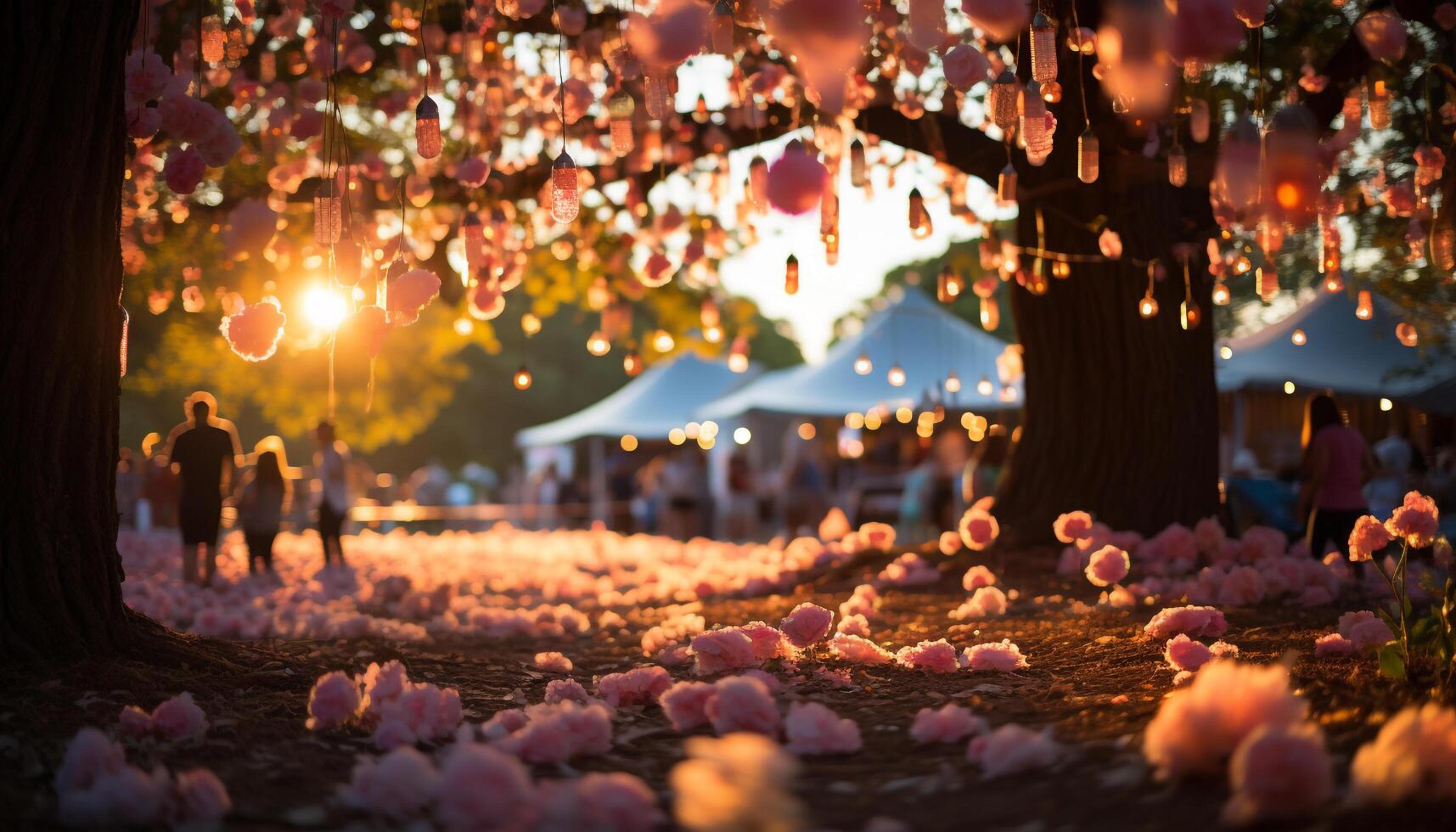 AI generated Nighttime celebration under a glowing tree in nature generated by AI photo