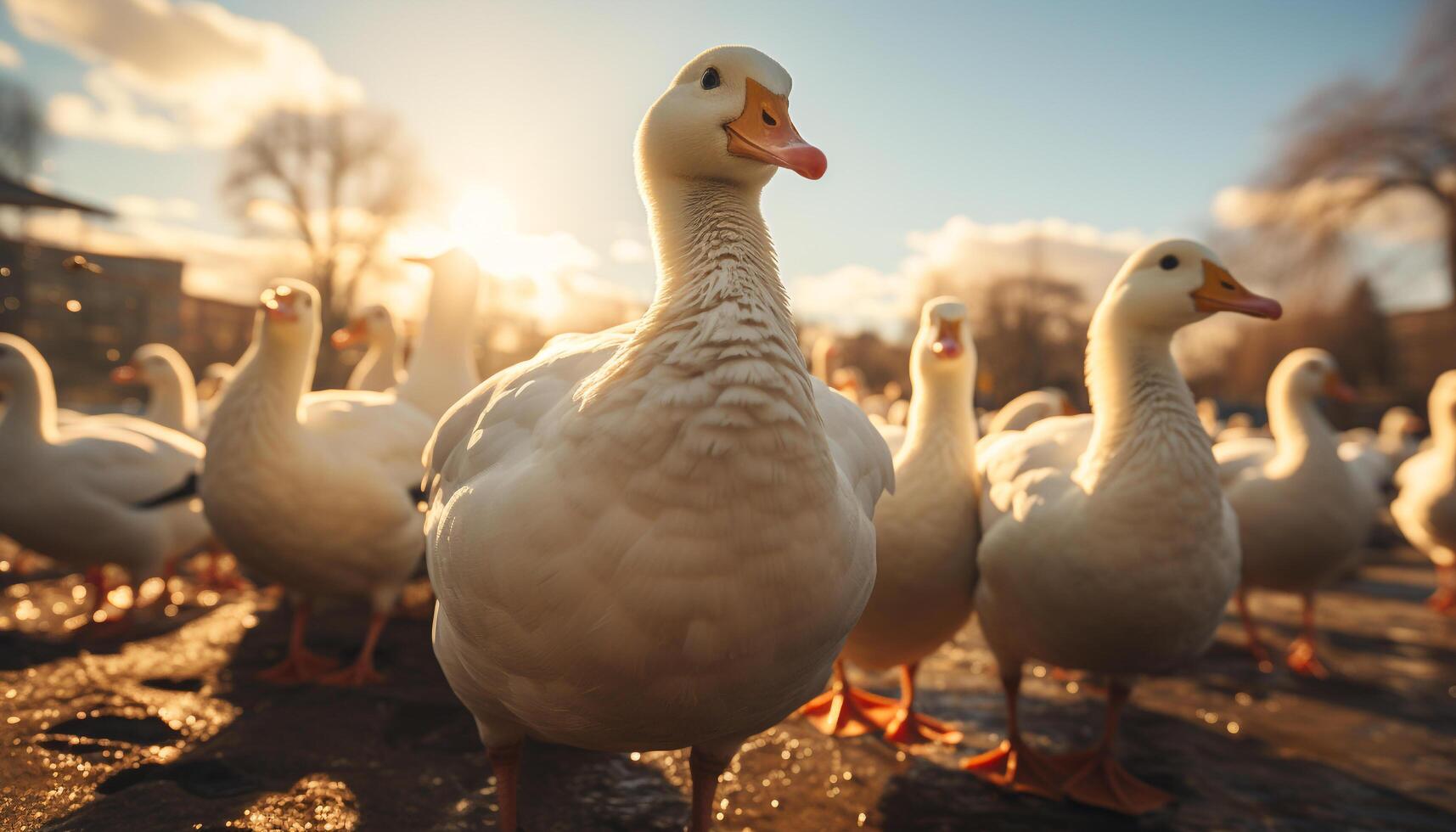 AI generated Cute ducklings waddling in the farm meadow generated by AI photo