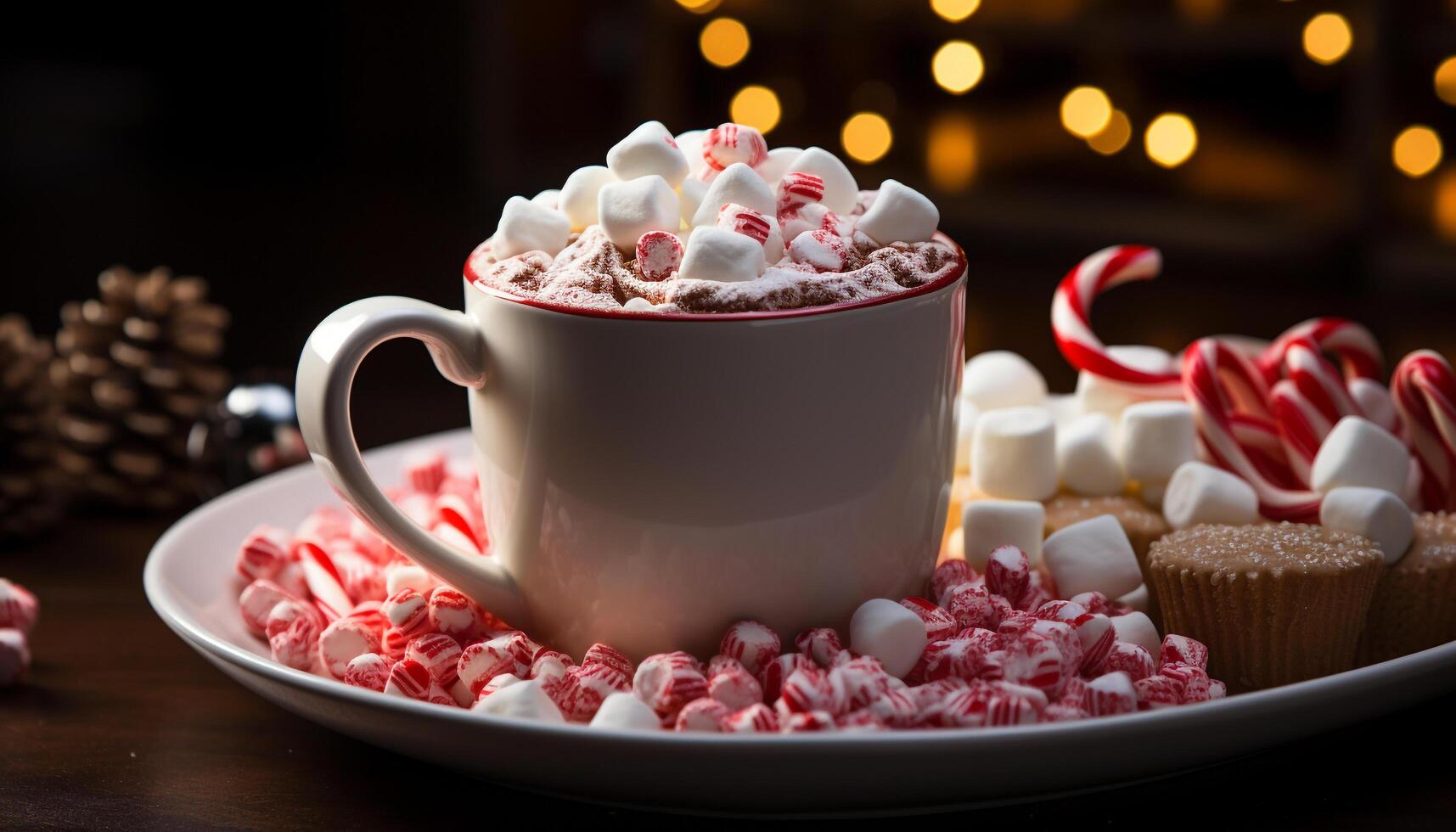 AI generated Hot chocolate with marshmallows on a wooden table generated by AI photo