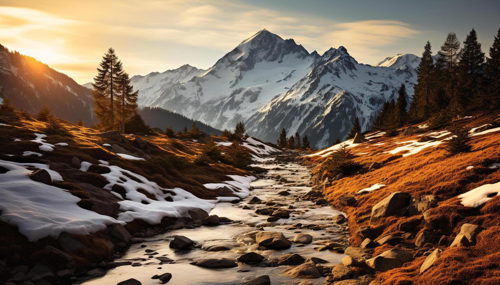 AI generated Majestic mountain peak in winter, surrounded by snow generated by AI photo