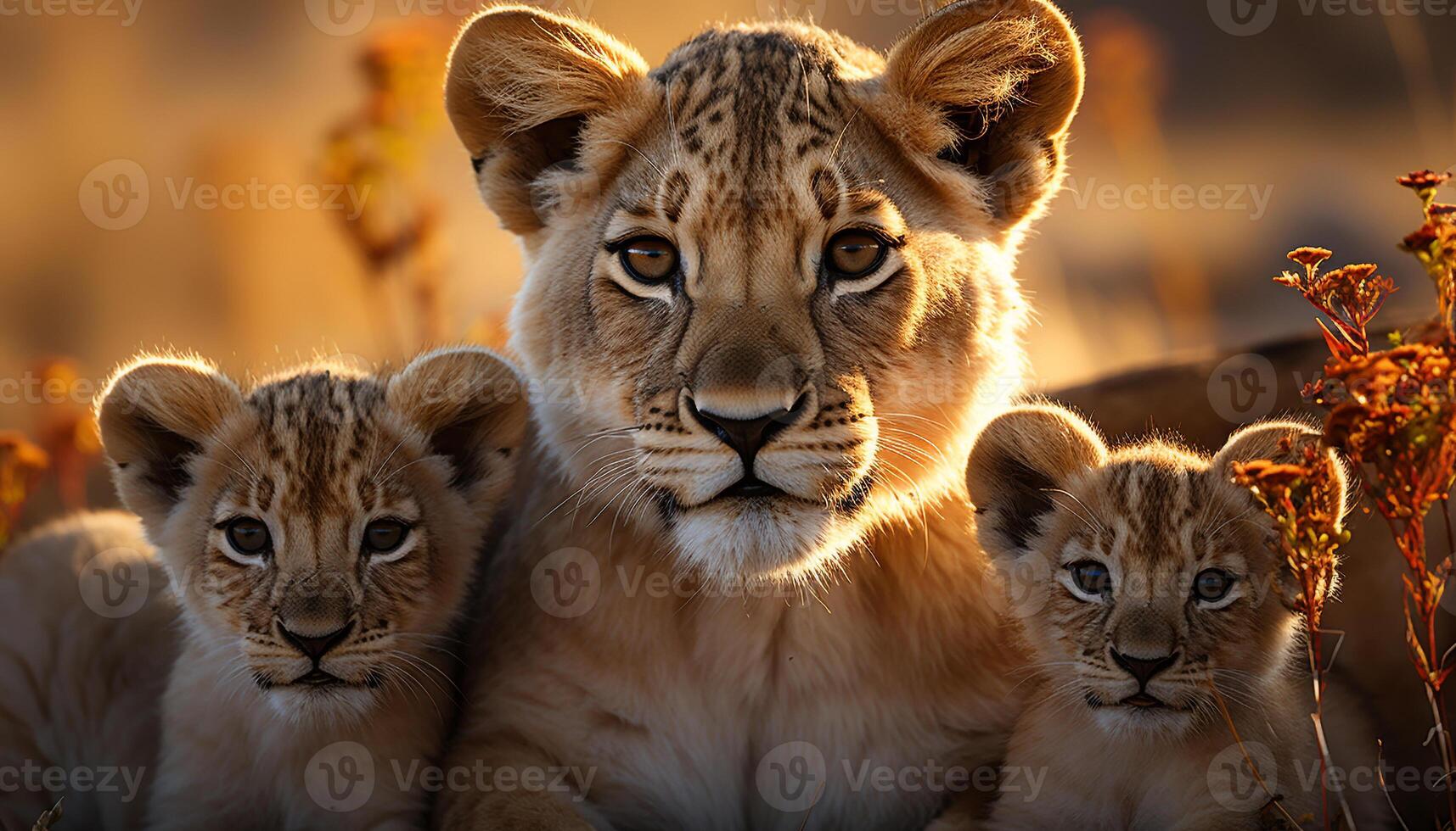 AI generated Majestic lion cub looking at camera in savannah generated by AI photo