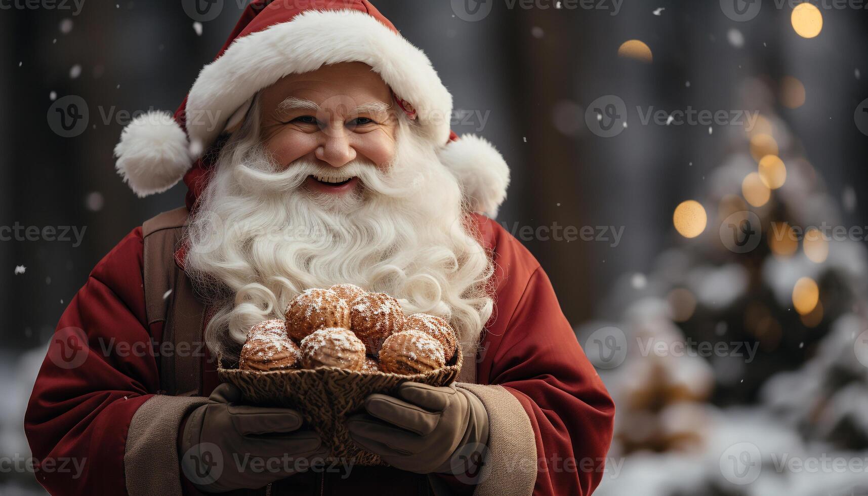 AI generated Smiling man in winter holds Christmas gift generated by AI photo