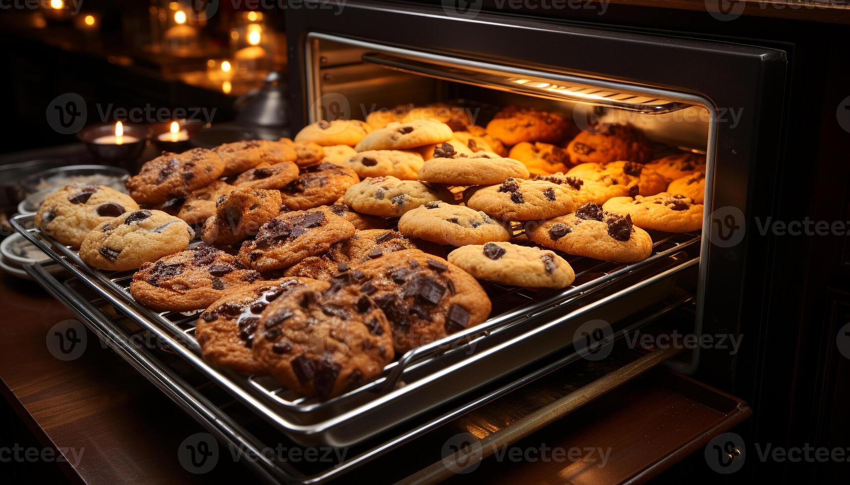 AI generated Freshly baked chocolate chip cookies on cooling rack generated by AI photo