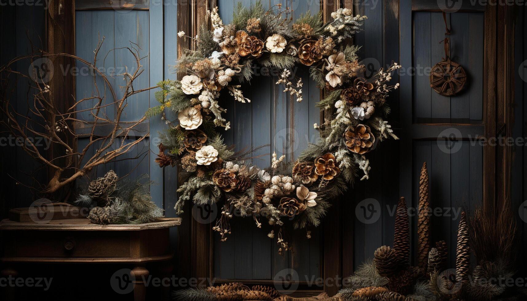 AI generated Winter wreath hanging on old wooden door generated by AI photo