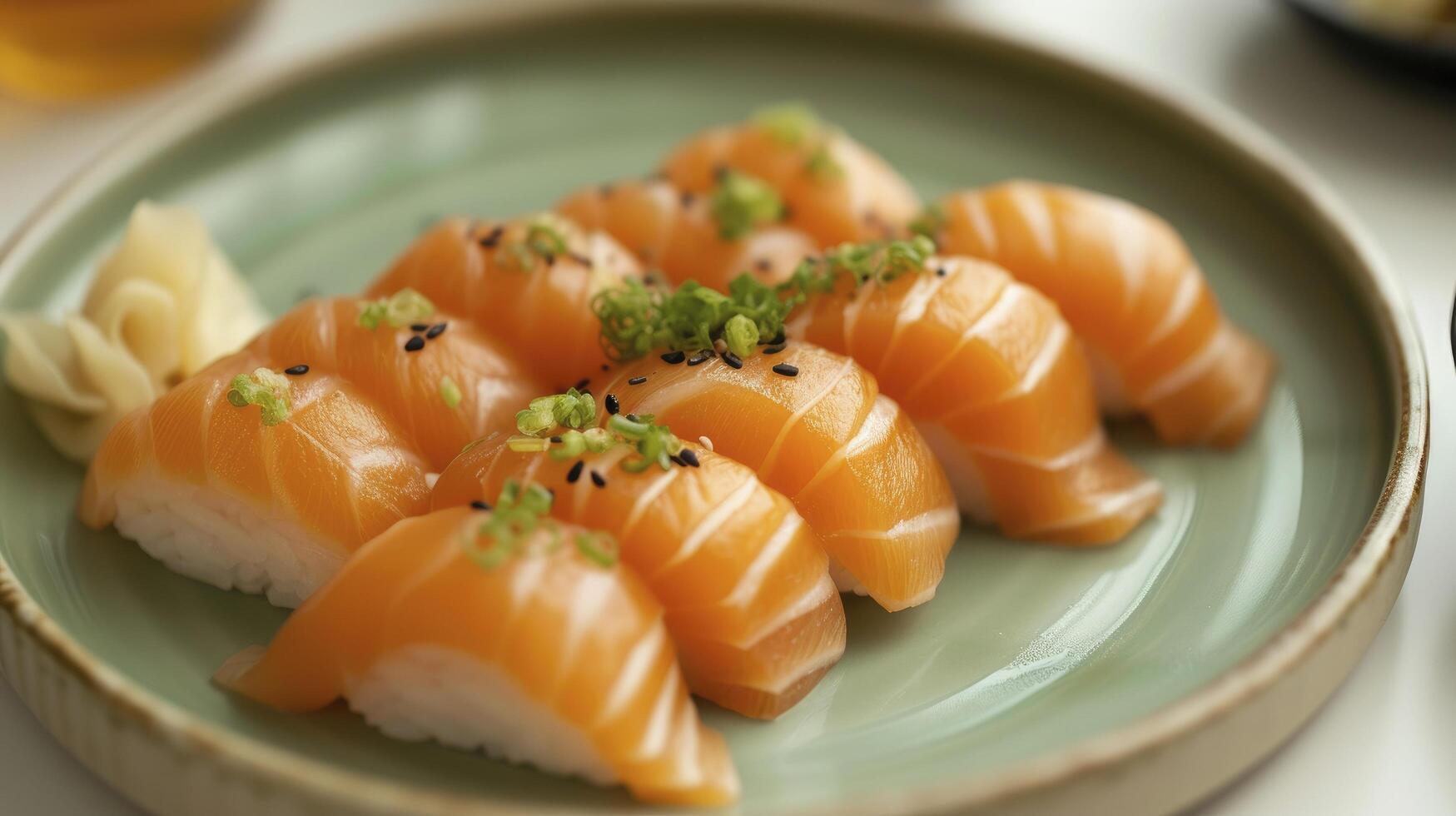 AI generated Neatly Arranged Salmon Sushi Resting on a Light Green Plate, an Exquisite Presentation for a Culinary Symphony. photo