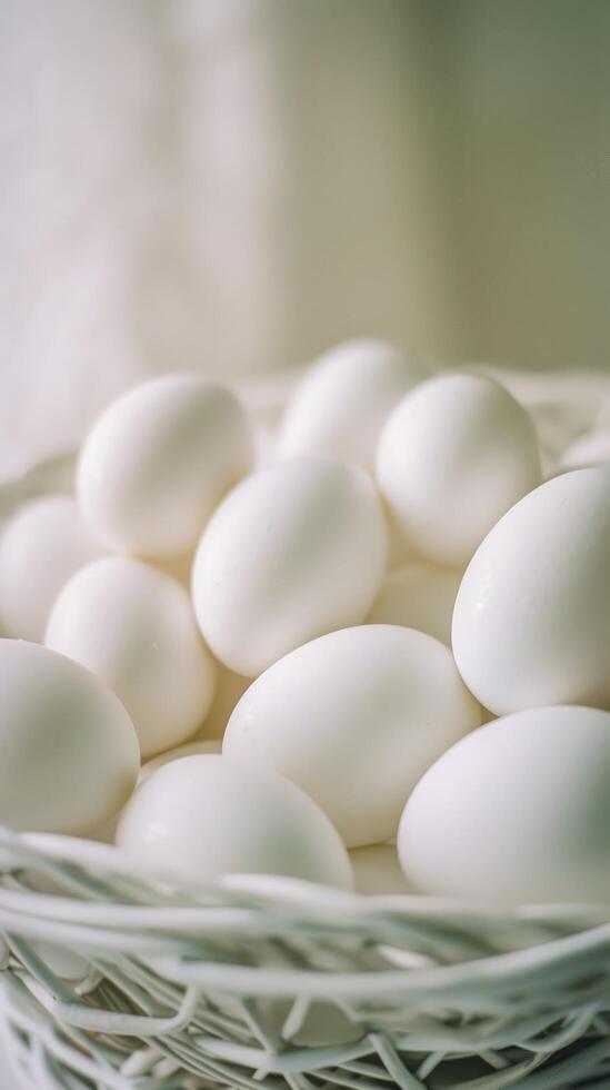 AI generated A Basket Brimming with Fresh White Eggs, Capturing the Essence of Farm-Fresh Simplicity and Culinary Potential. photo