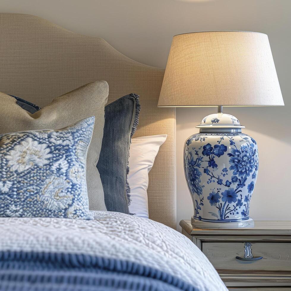 AI generated Close up of blue ceramic lamp on nightstand near bed with beige fabric headboard and blue pillows and blanket photo