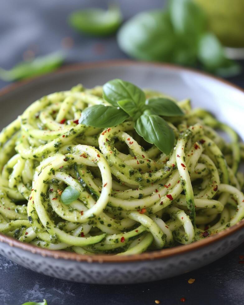 AI generated A Beautifully Plated Dish of Zucchini Noodles with Pesto, Showcasing Perfectly Spiralized Zucchinis Tossed in a Flavorful Basil Pesto Sauce. photo
