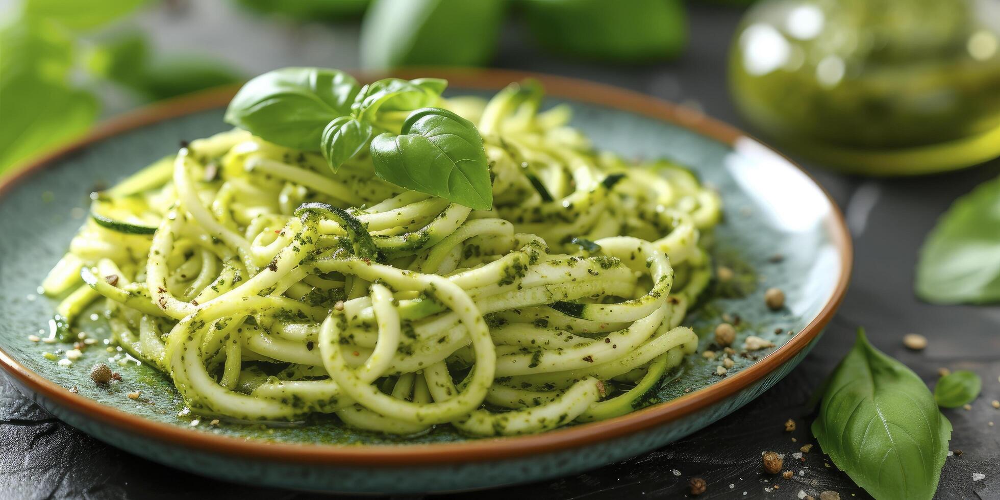AI generated A Beautifully Plated Dish of Zucchini Noodles with Pesto, Showcasing Perfectly Spiralized Zucchinis Tossed in a Flavorful Basil Pesto Sauce. photo