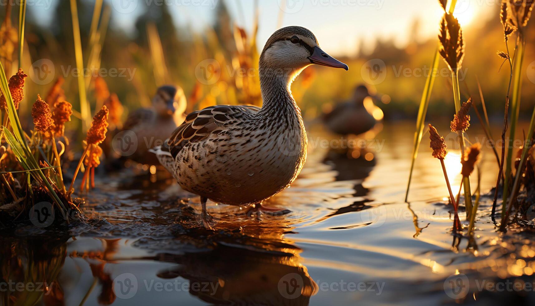 AI generated Duckling standing in grass near pond at sunset generated by AI photo