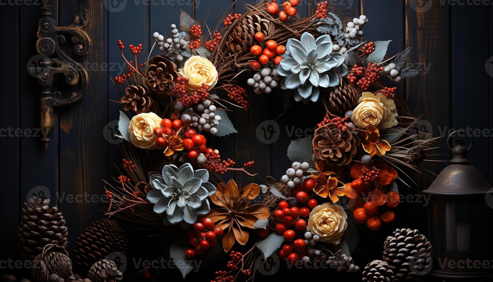 AI generated Winter wreath on wooden door, celebrating Christmas season generated by AI photo