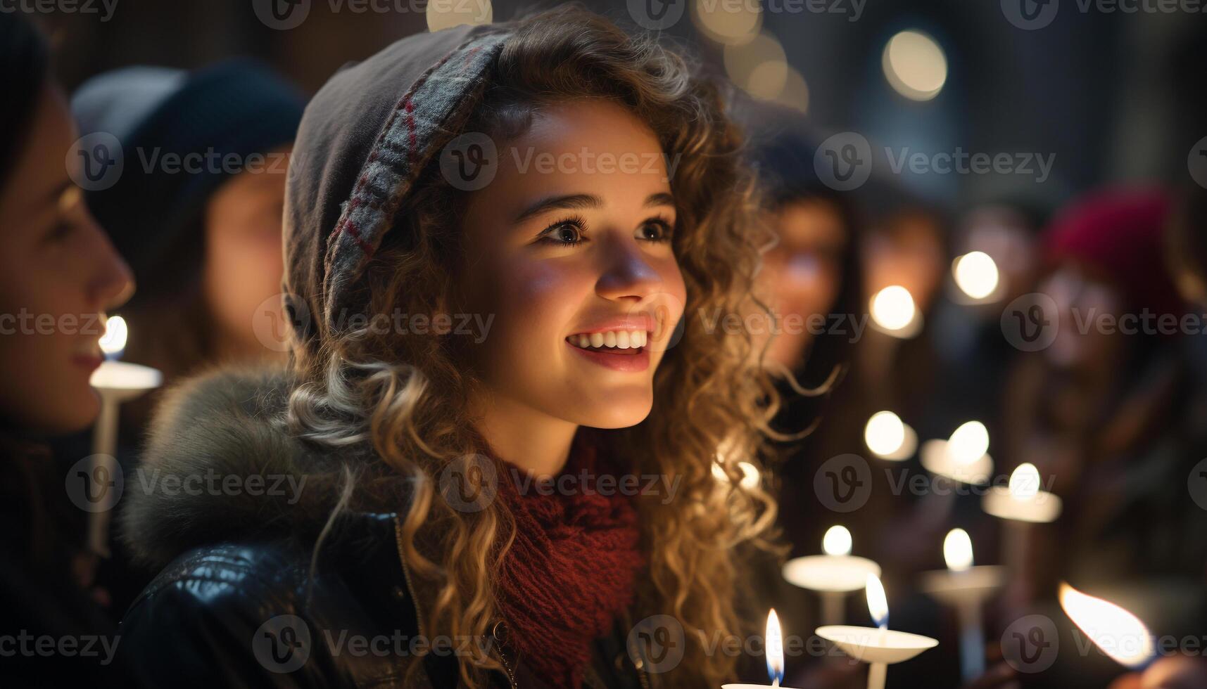 ai generado sonriente mujer celebrar invierno noche con alegre divertido generado por ai foto