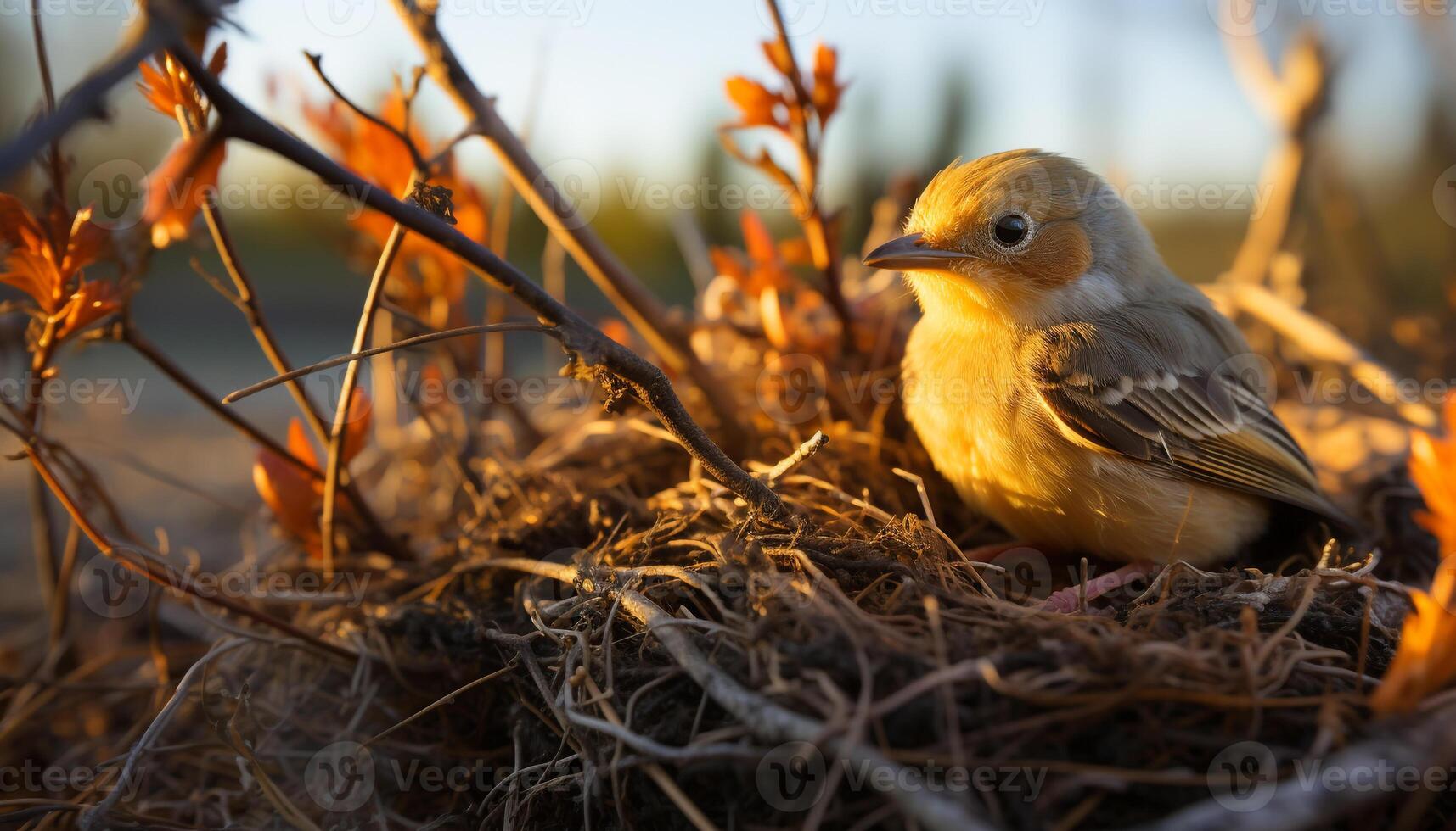 AI generated Cute bird perching on branch, surrounded by nature generated by AI photo