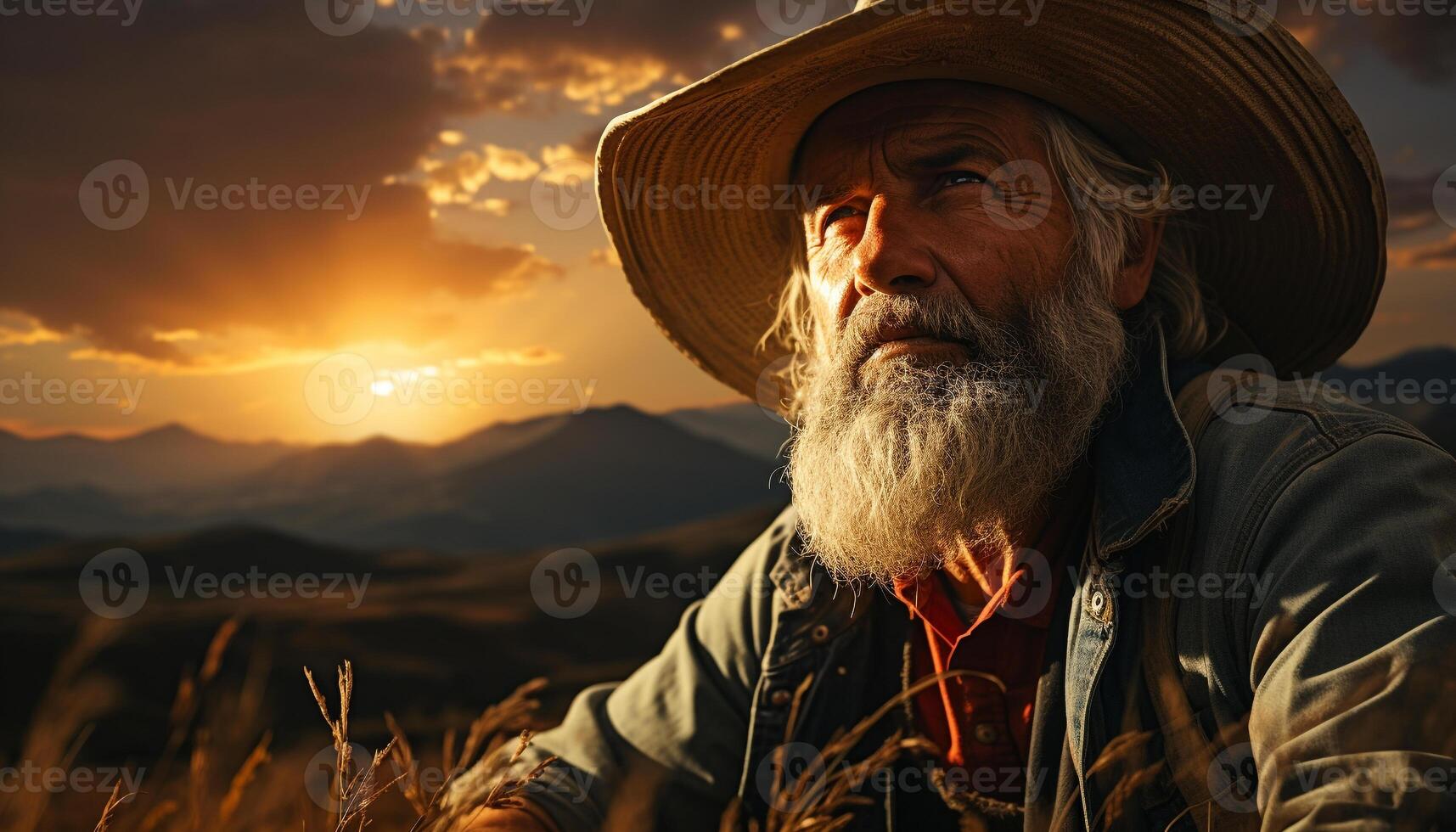 AI generated Senior man enjoying nature and sunset outdoors generated by AI photo