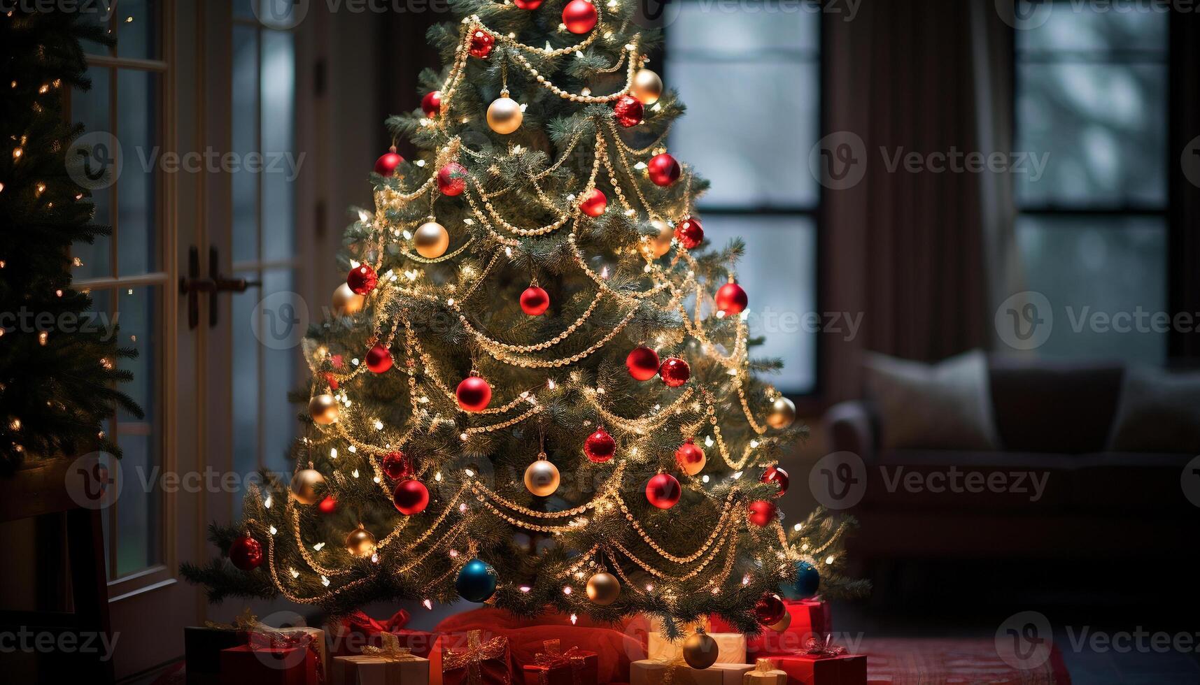 AI generated Christmas tree glowing with ornaments, bringing joy generated by AI photo