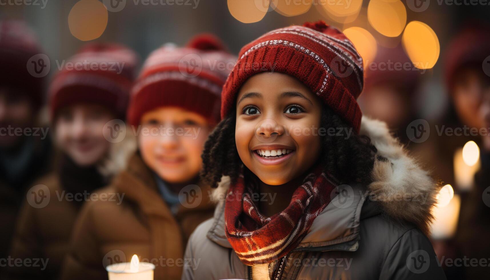 ai generado sonriente invierno felicidad, alegre calentar ropa al aire libre generado por ai foto