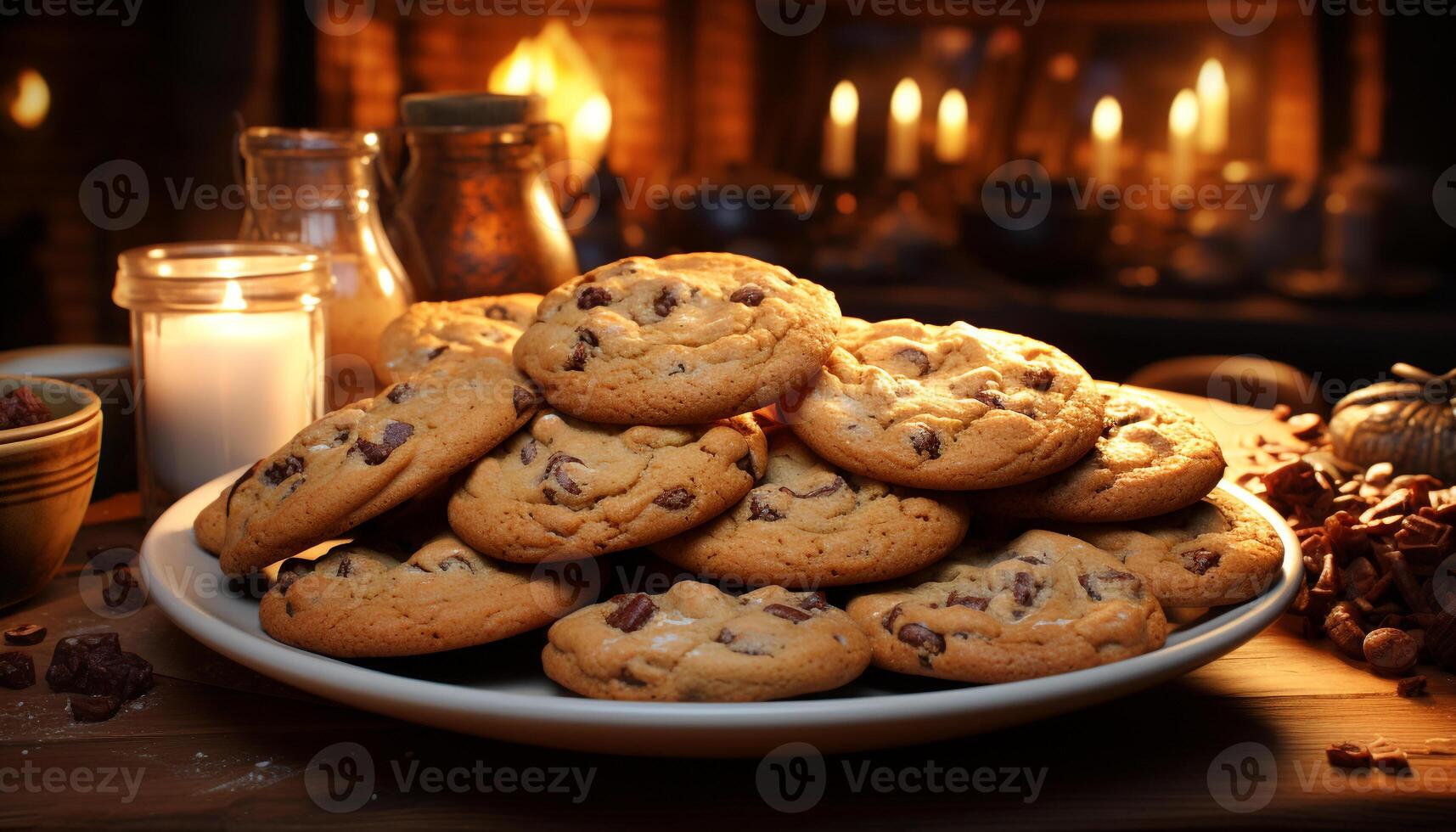 AI generated Homemade chocolate chip cookies on rustic wooden table generated by AI photo