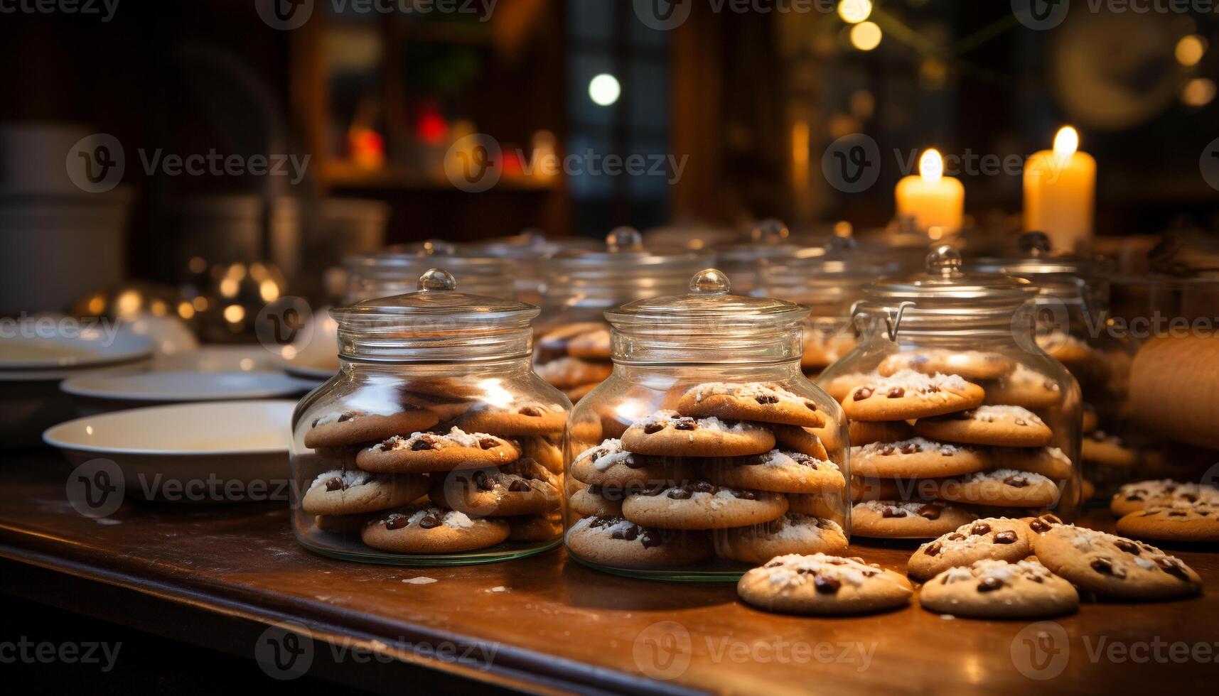 AI generated Homemade chocolate chip cookies on rustic wooden table generated by AI photo