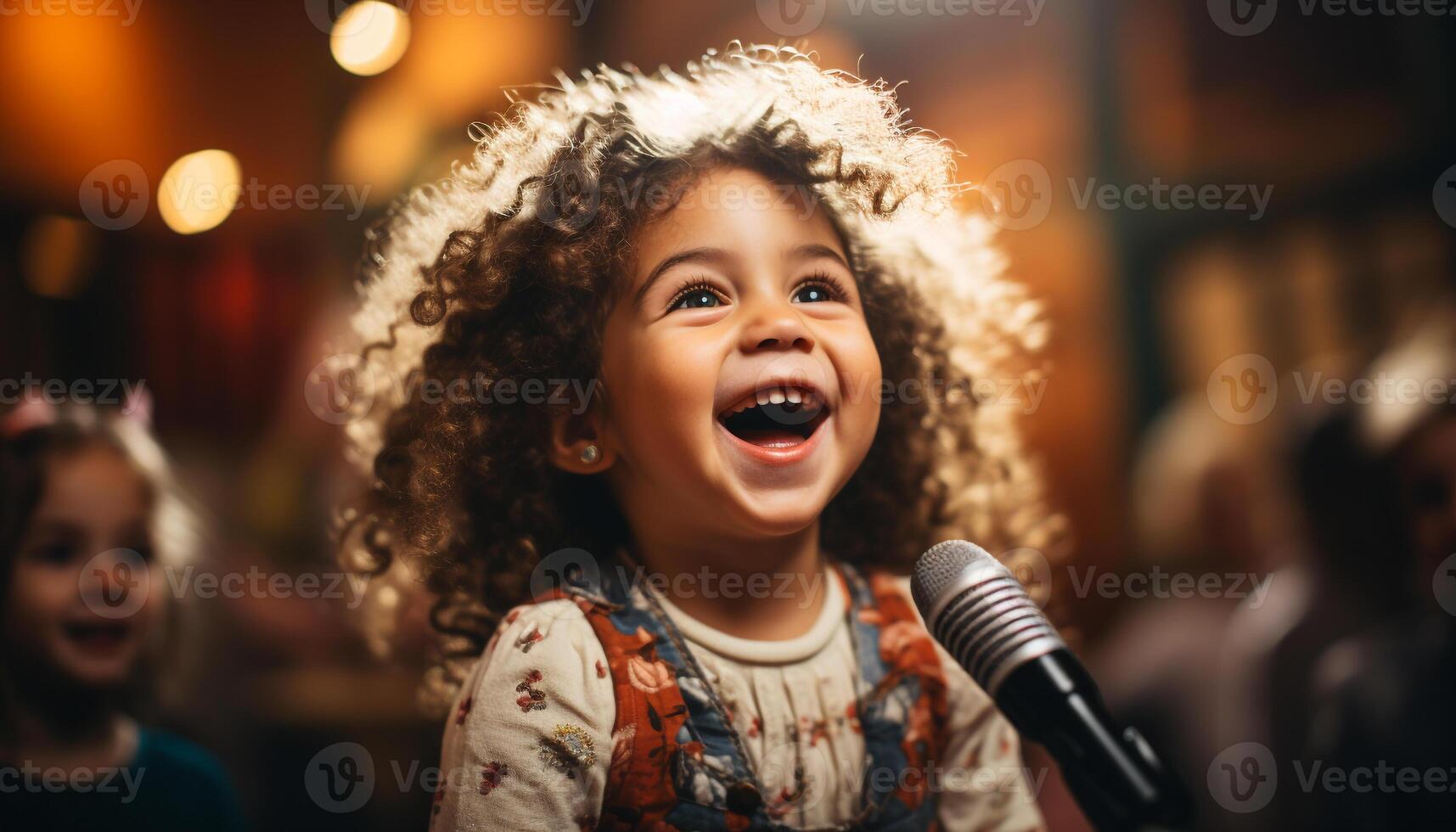 AI generated Smiling girls singing, joyful boys playing on stage generated by AI photo