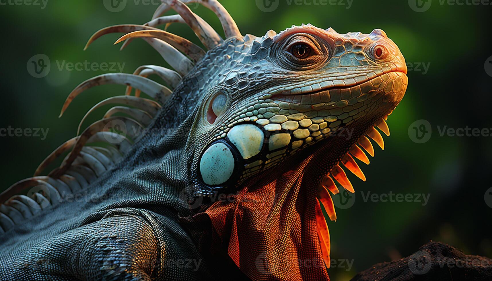 AI generated Majestic lizard in tropical forest, close up portrait generated by AI photo