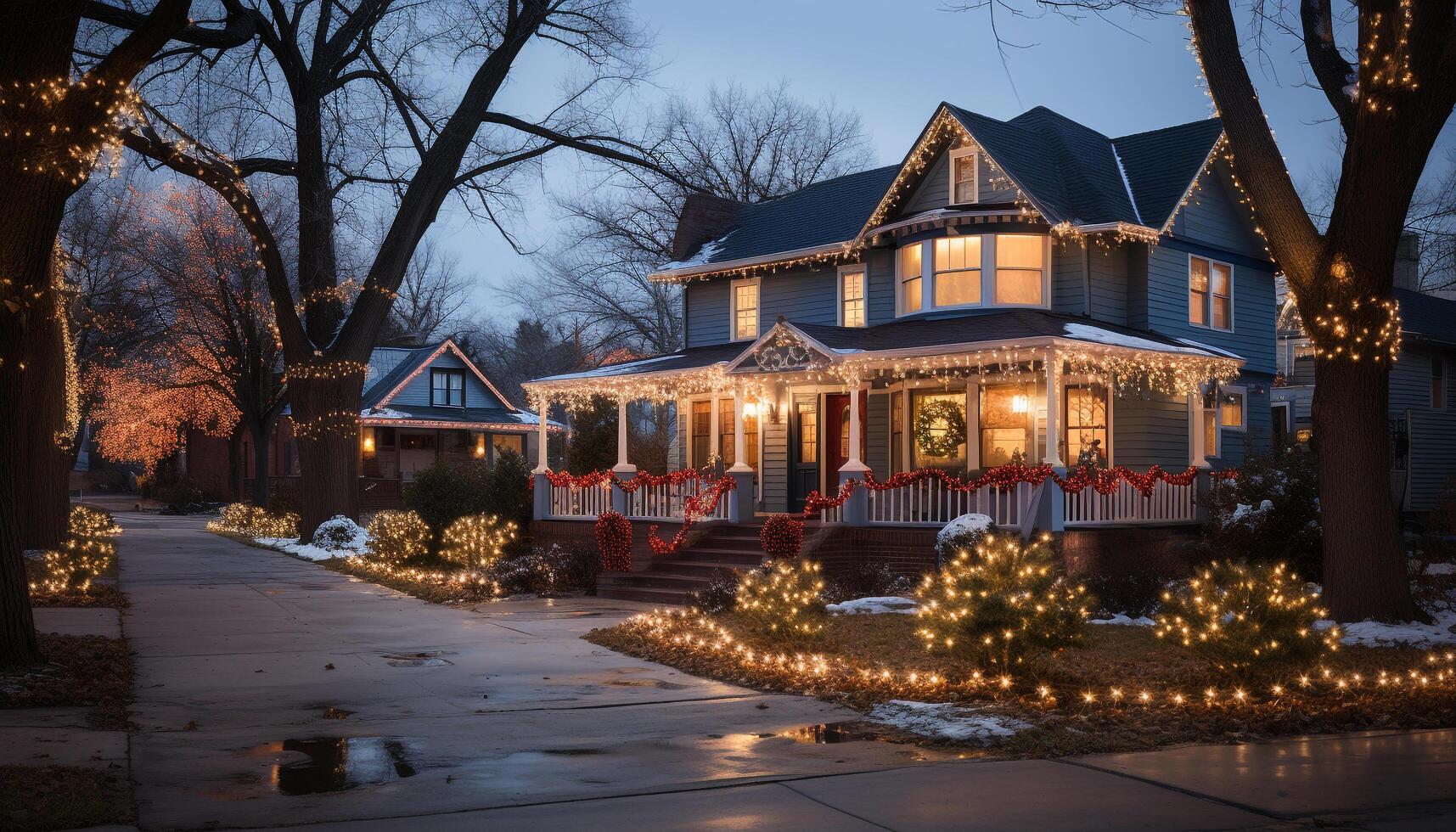 AI generated Illuminated tree in winter, celebrating Christmas outdoors generated by AI photo