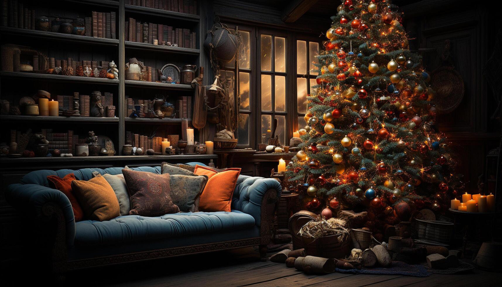 AI generated Comfortable sofa, illuminated Christmas tree, cozy home interior generated by AI photo
