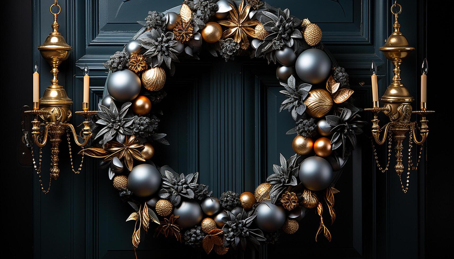 AI generated Shiny gold wreath hanging on dark wooden door generated by AI photo