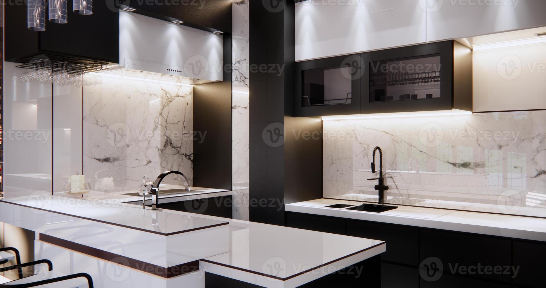 The modern black and white kitchen is not only a functional workspace but also a visual delight, where form and function harmoniously coexist. It is a testament to the beauty of simplicity photo