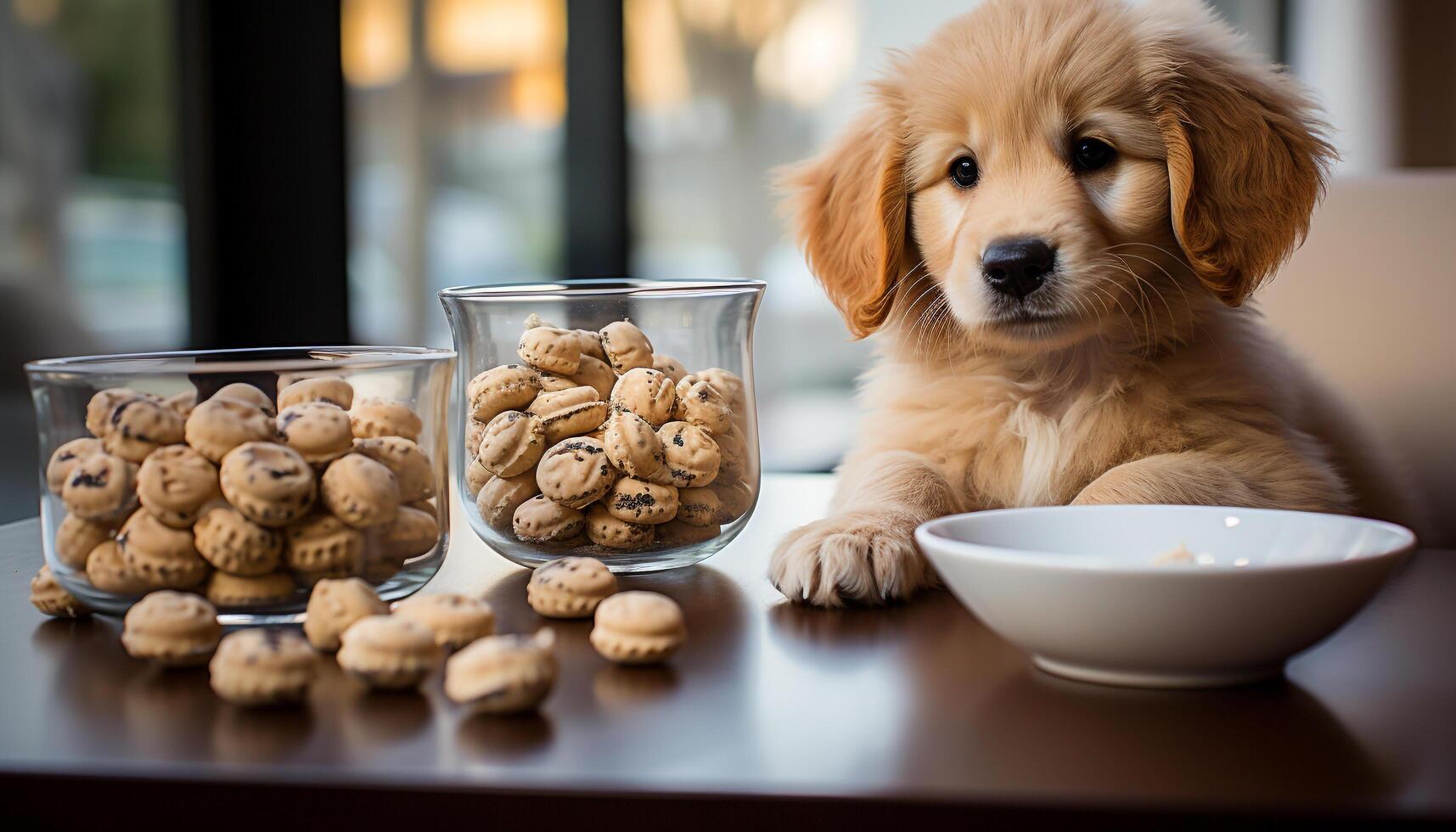 AI generated Cute puppy sitting at table eating a snack generated by AI photo
