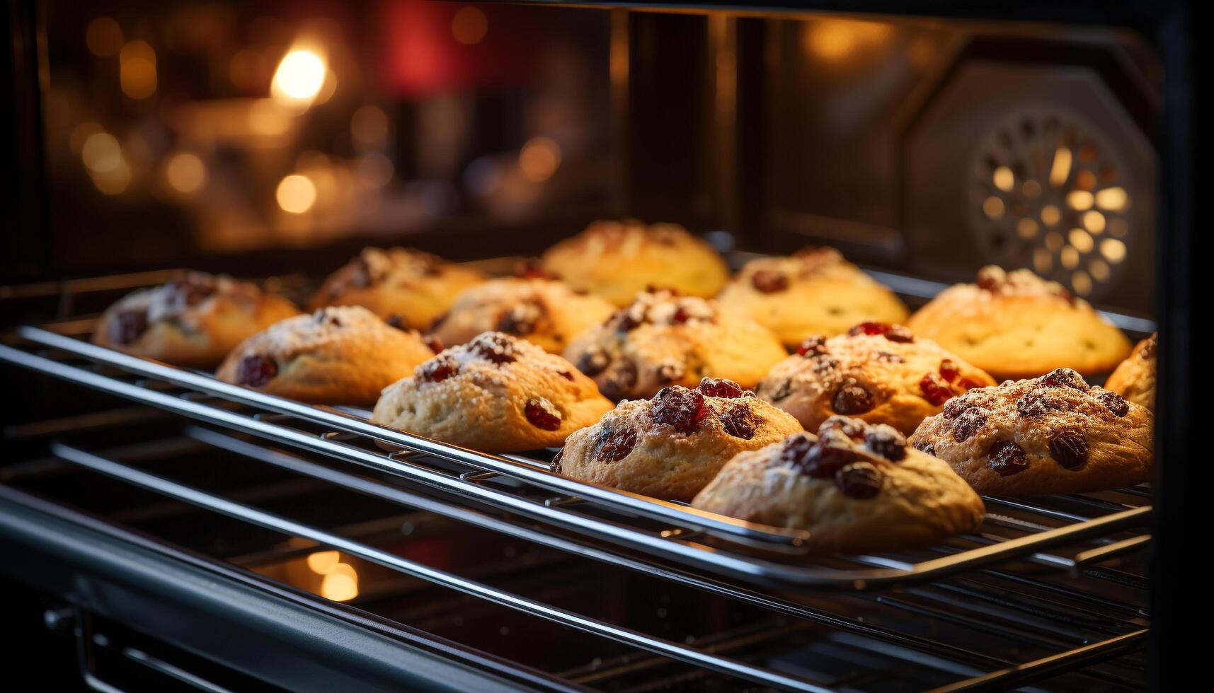 AI generated Freshly baked muffins on cooling rack, ready to eat generated by AI photo