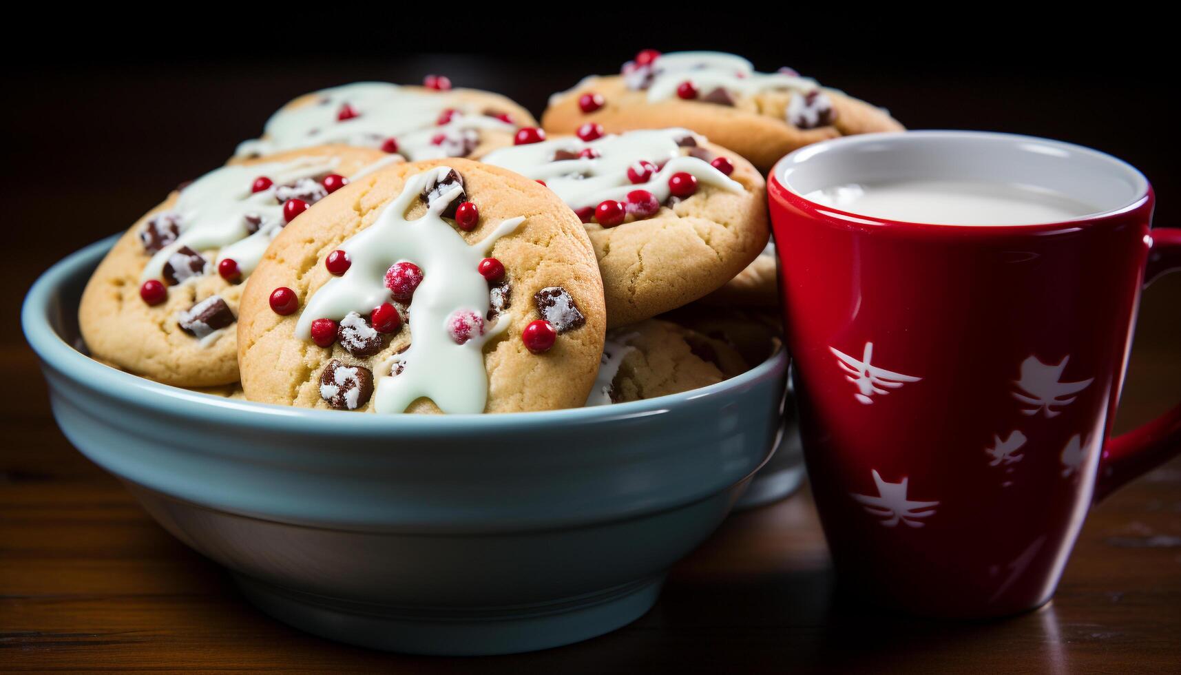 AI generated Homemade chocolate chip cookies on rustic wooden table generated by AI photo