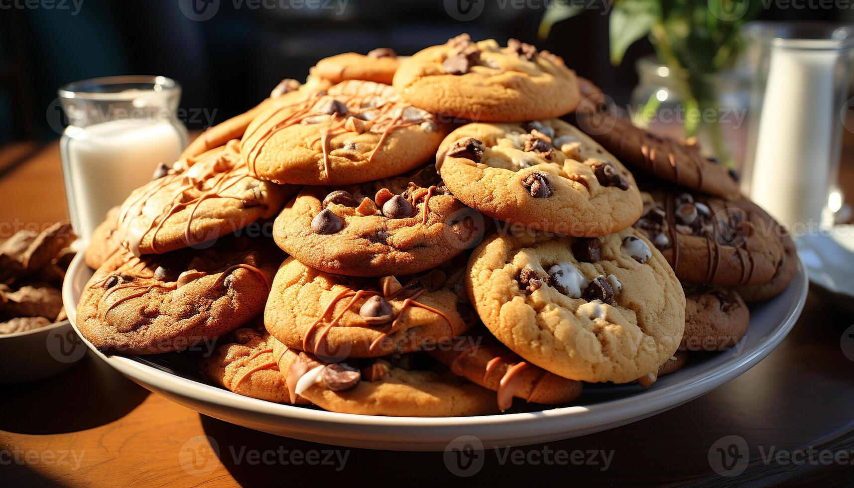 AI generated Freshly baked chocolate chip cookies on wooden table generated by AI photo