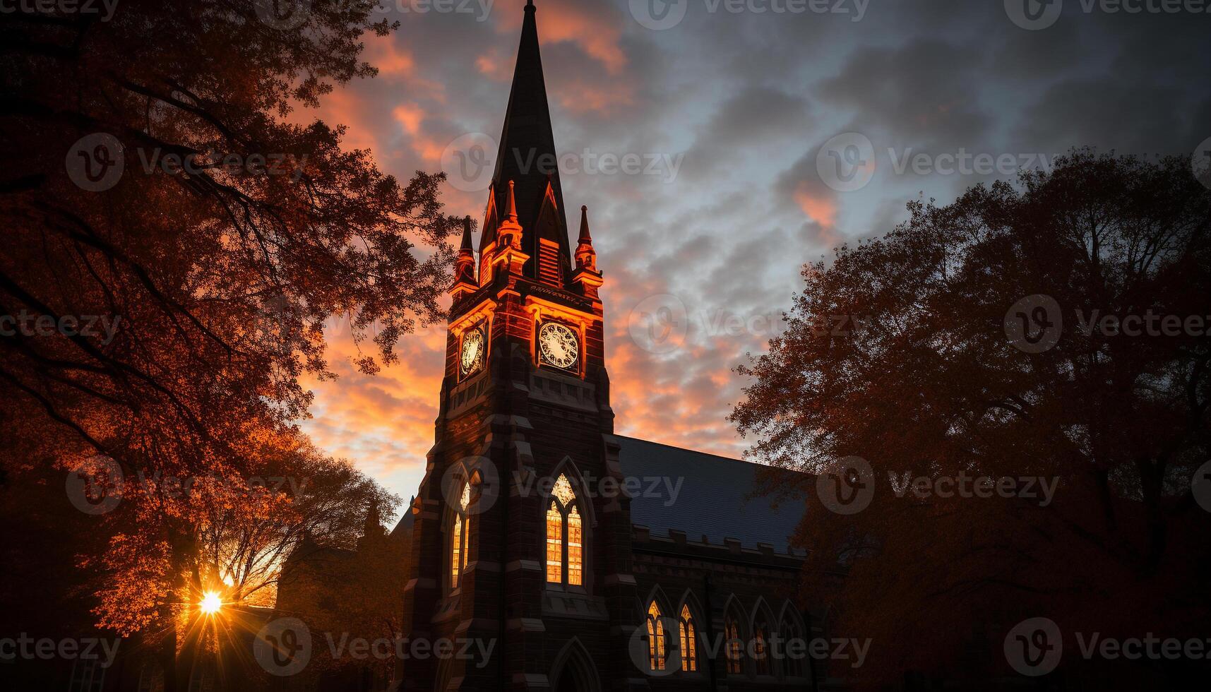 AI generated Gothic chapel silhouette illuminated by city twilight generated by AI photo