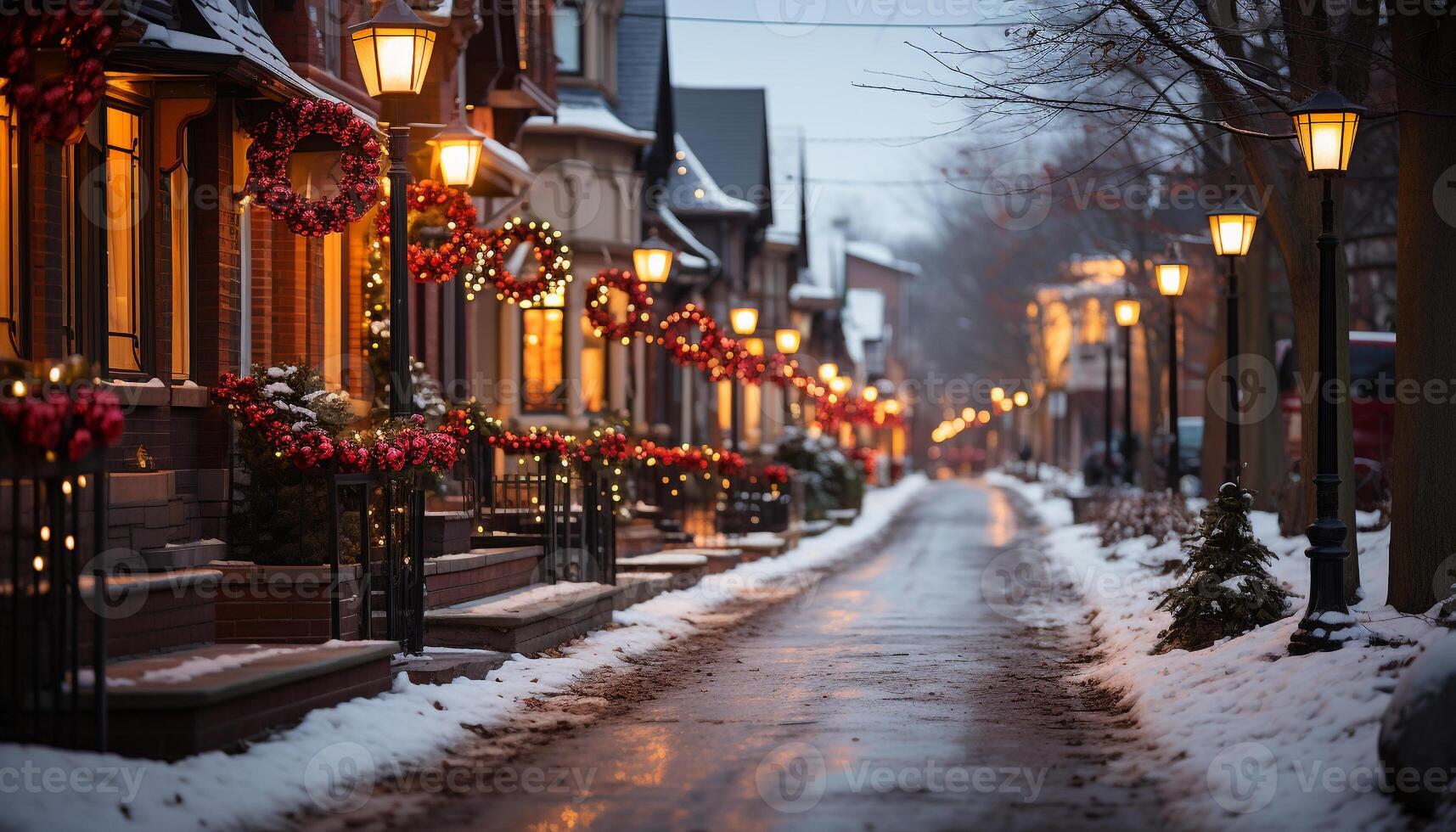 AI generated Snowy night, lanterns illuminate winter outdoor beauty generated by AI photo