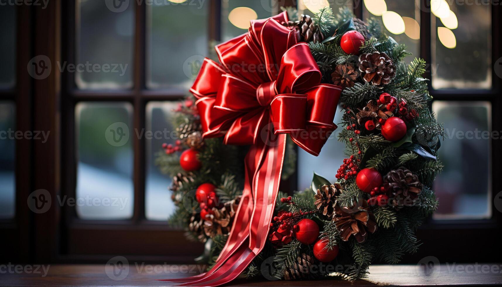 AI generated Christmas tree decoration illuminated with shiny gold ornaments generated by AI photo