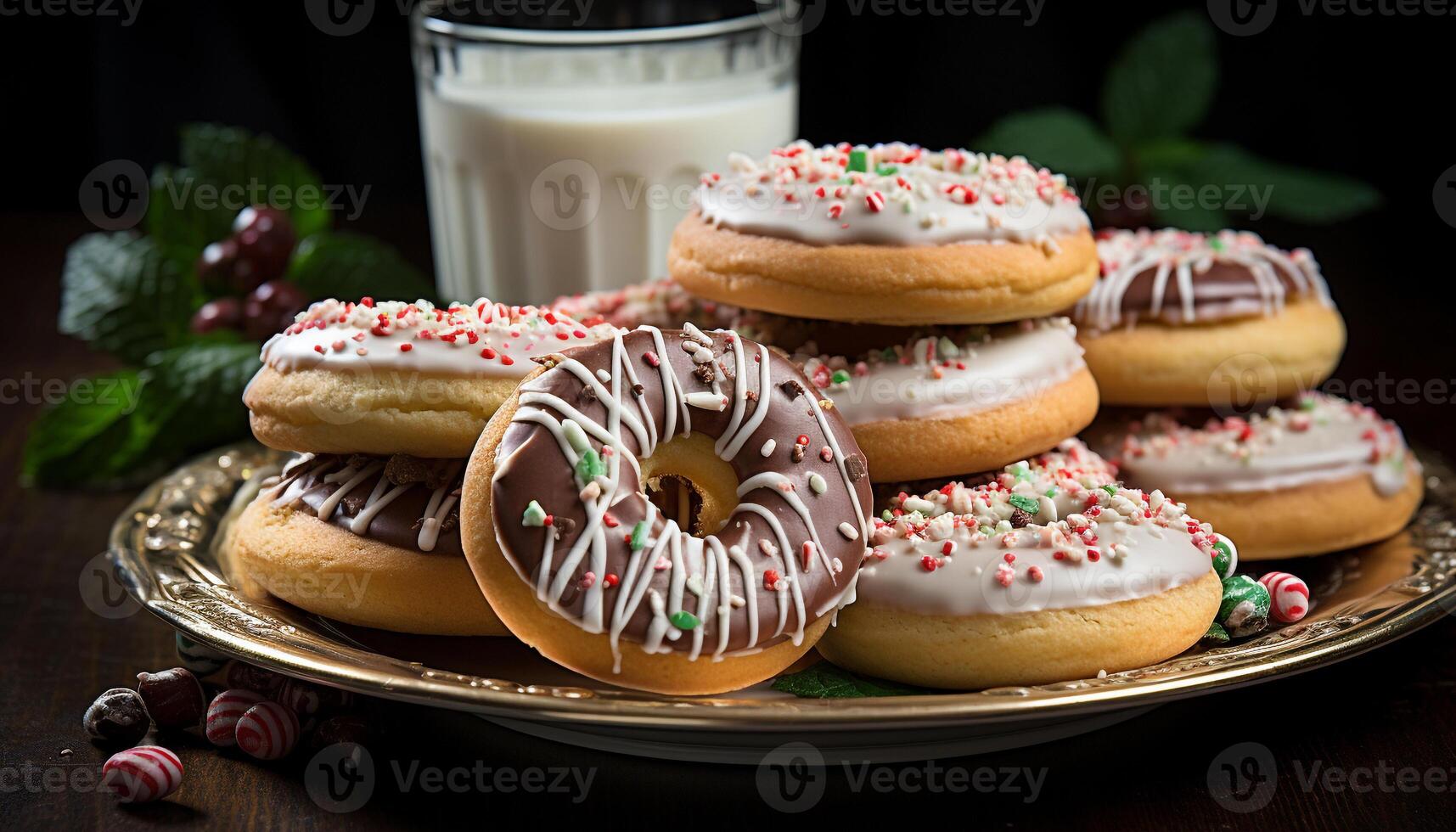 AI generated Stack of multi colored donuts on rustic wooden table generated by AI photo